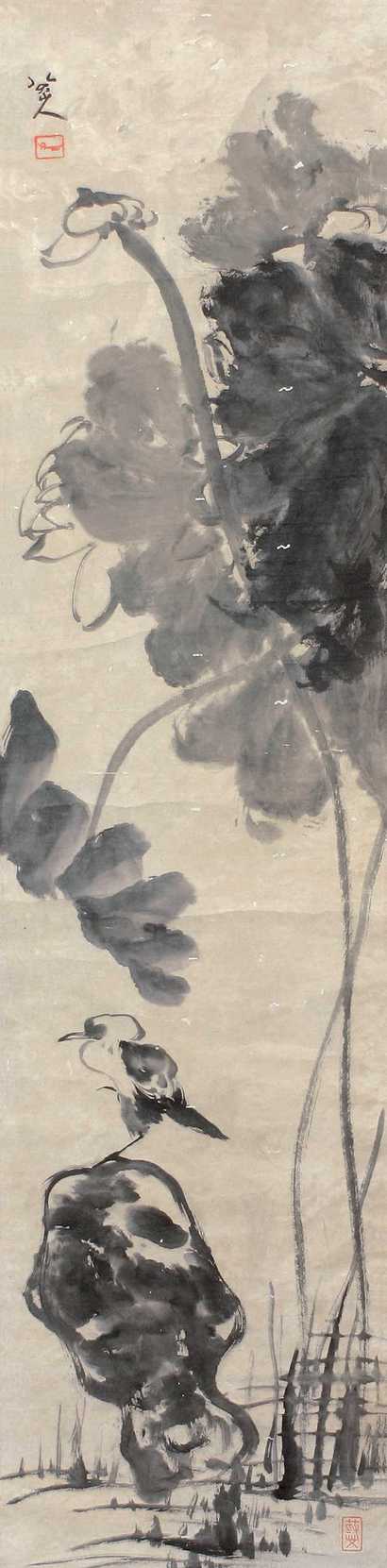 八大山人（款） 清 《荷花小鸟》 立轴